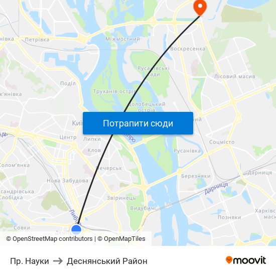 Пр. Науки to Деснянський Район map