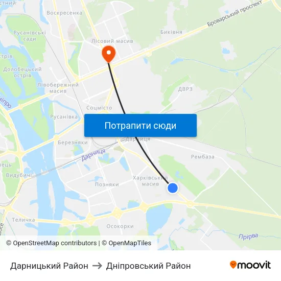 Дарницький Район to Дніпровський Район map
