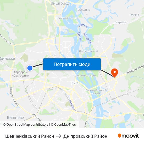 Шевченківський Район to Дніпровський Район map