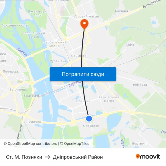 Ст. М. Позняки to Дніпровський Район map