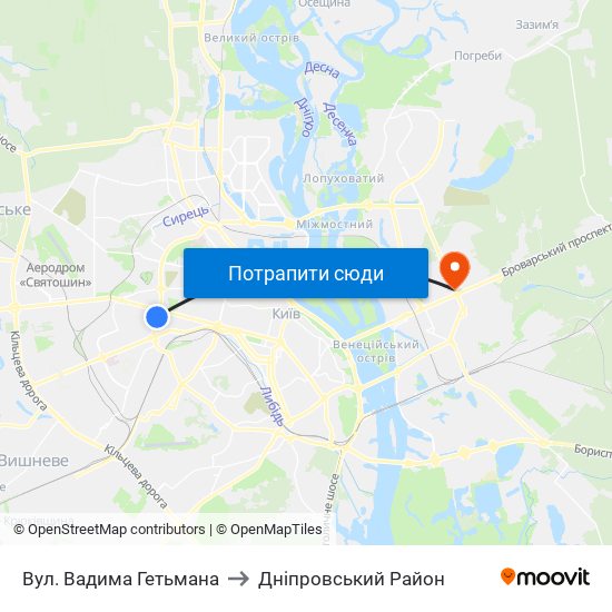 Вул. Вадима Гетьмана to Дніпровський Район map