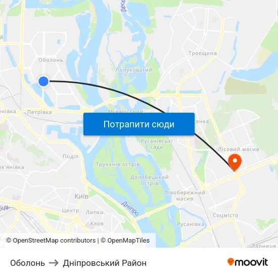 Оболонь to Дніпровський Район map