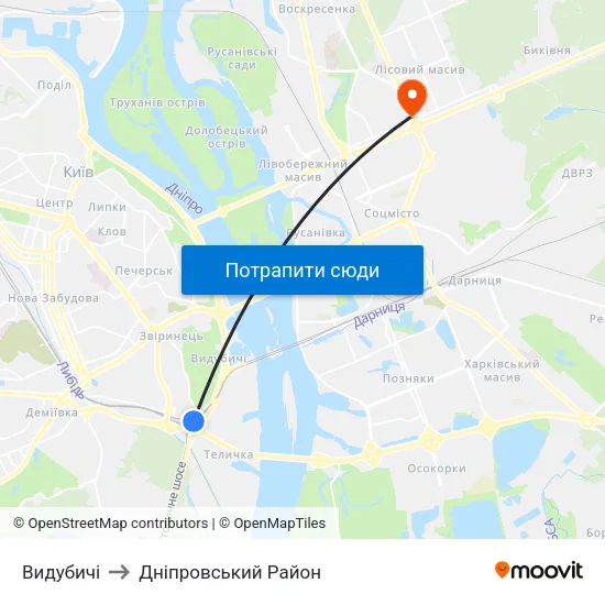 Видубичі to Дніпровський Район map