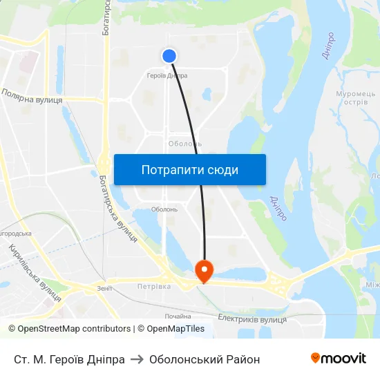 Ст. М. Героїв Дніпра to Оболонський Район map
