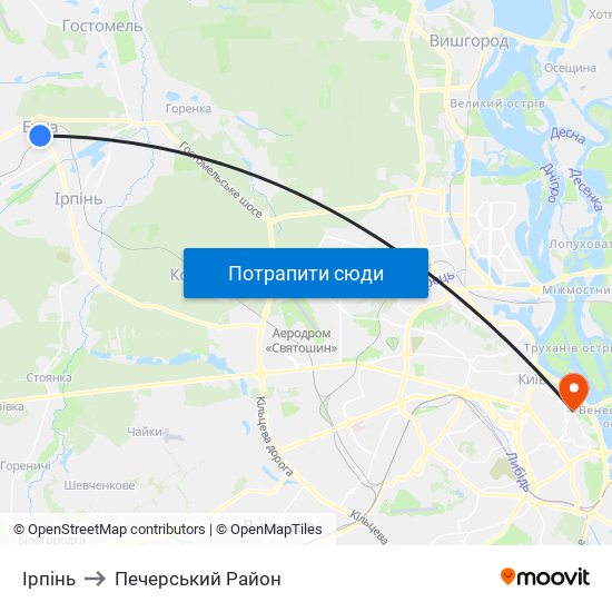 Ірпінь to Печерський Район map