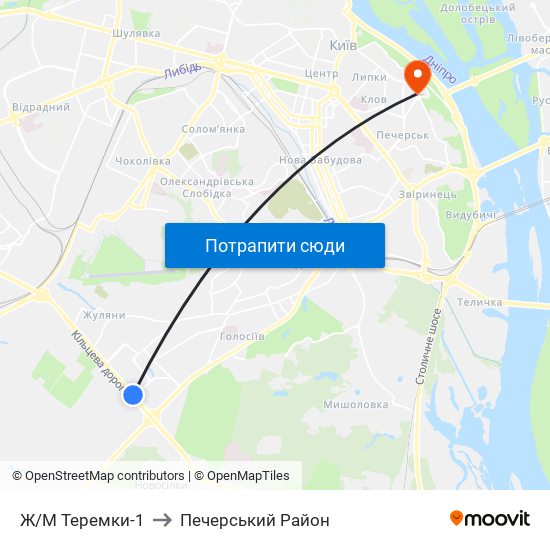 Ж/М Теремки-1 to Печерський Район map