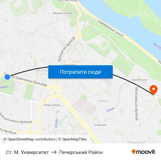 Ст. М. Університет to Печерський Район map