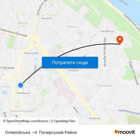 Олімпійська to Печерський Район map