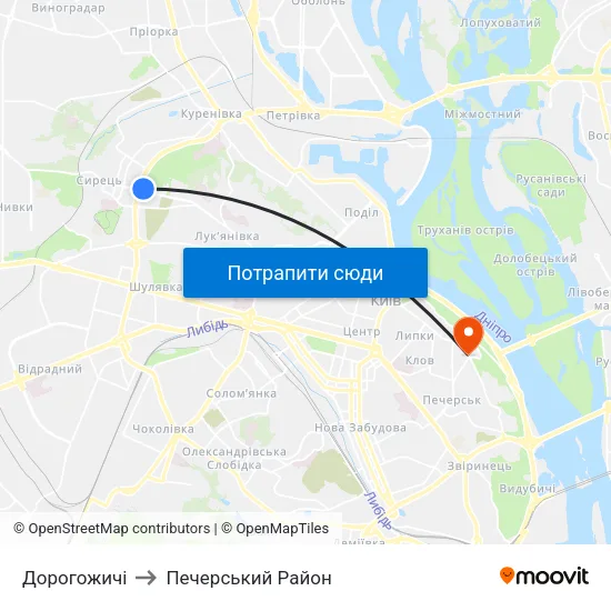 Дорогожичі to Печерський Район map