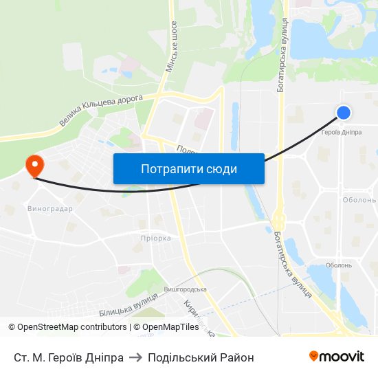 Ст. М. Героїв Дніпра to Подільський Район map