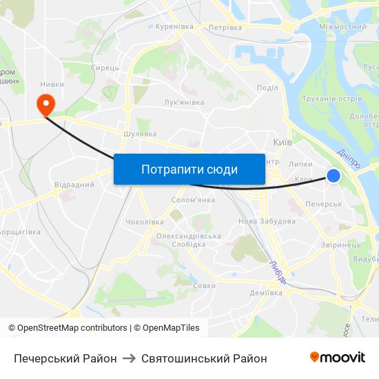 Печерський Район to Святошинський Район map