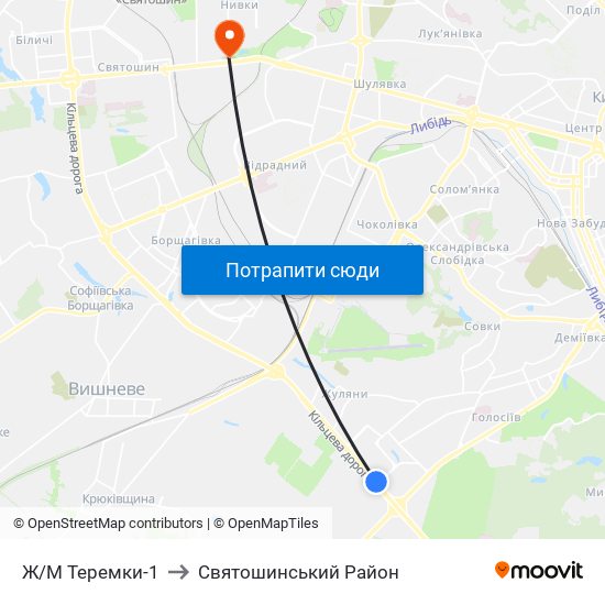 Ж/М Теремки-1 to Святошинський Район map