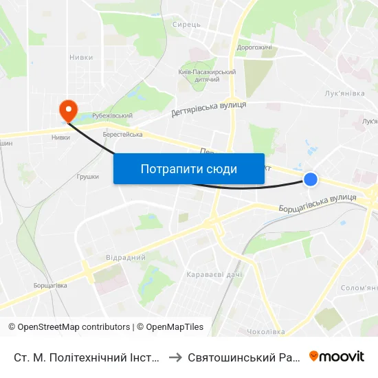 Ст. М. Політехнічний Інститут to Святошинський Район map
