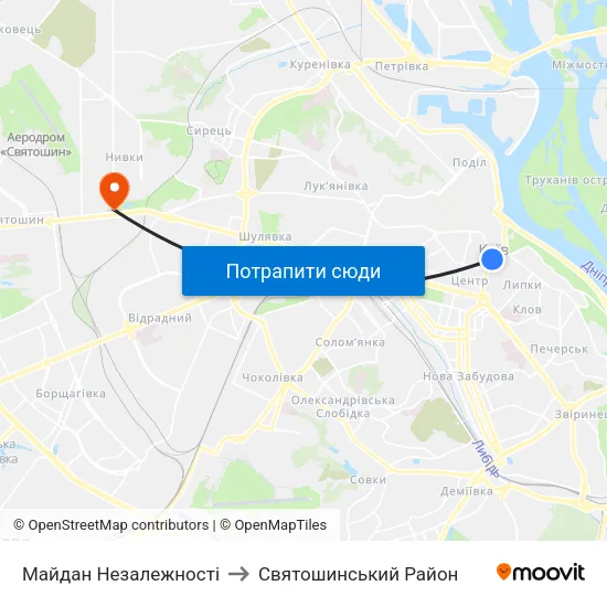 Майдан Незалежності to Святошинський Район map