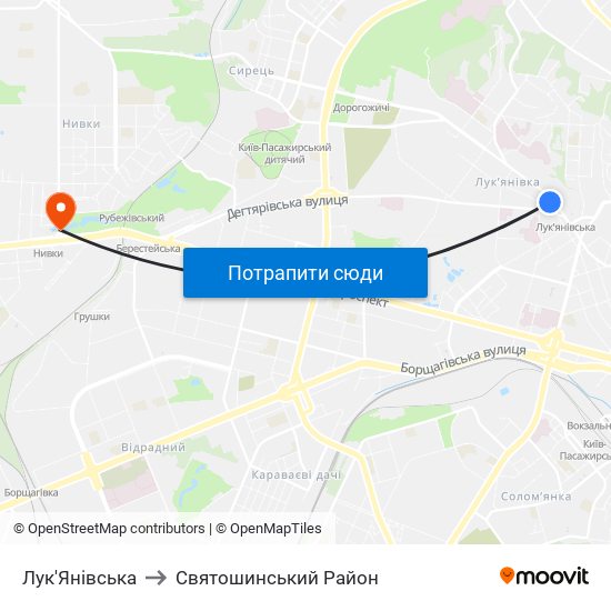 Лук'Янівська to Святошинський Район map