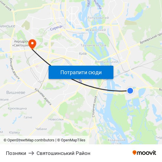 Позняки to Святошинський Район map