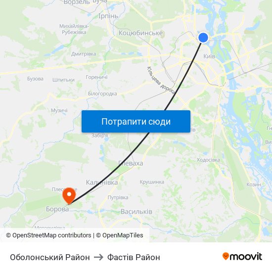 Оболонський Район to Фастів Район map