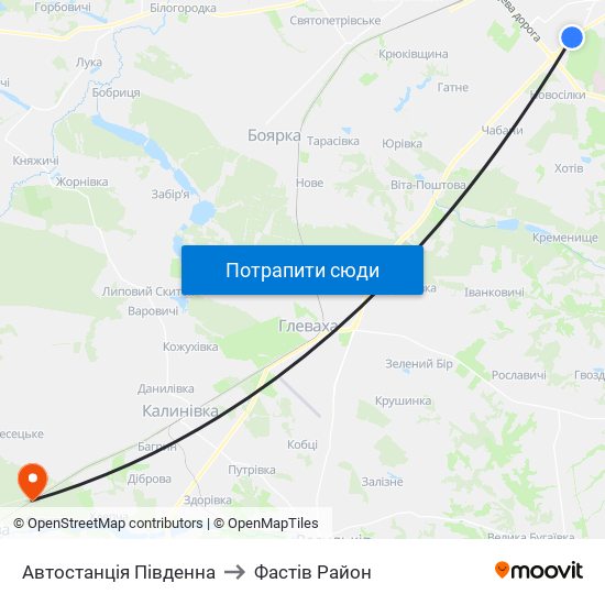 Автостанція Південна to Фастів Район map