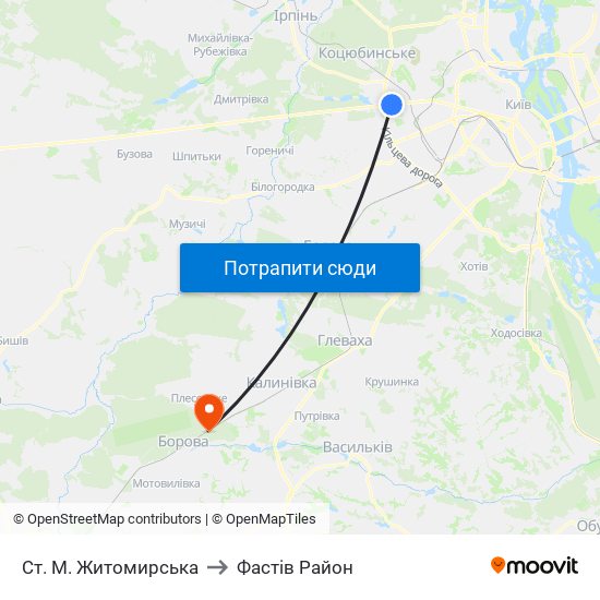 Ст. М. Житомирська to Фастів Район map