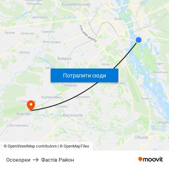 Осокорки to Фастів Район map