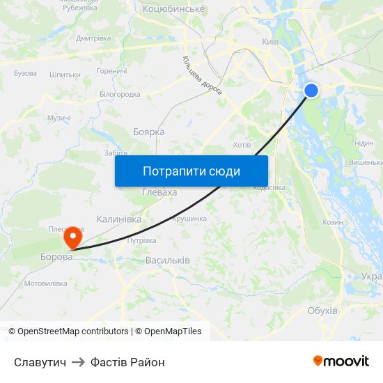 Славутич to Фастів Район map