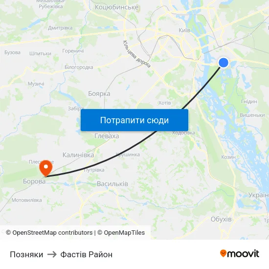 Позняки to Фастів Район map