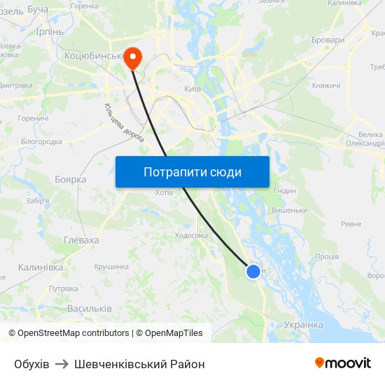 Обухів to Шевченківський Район map