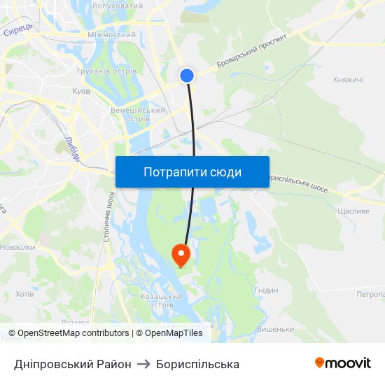 Дніпровський Район to Бориспiльська map