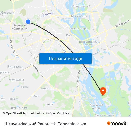 Шевченківський Район to Бориспiльська map