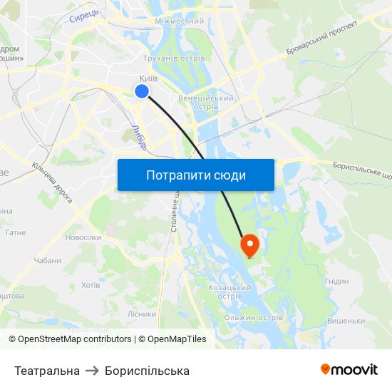 Театральна to Бориспiльська map