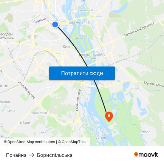 Почайна to Бориспiльська map