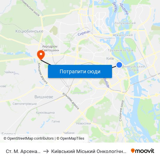 Ст. М. Арсенальна to Київський Міський Онкологічний Центр map