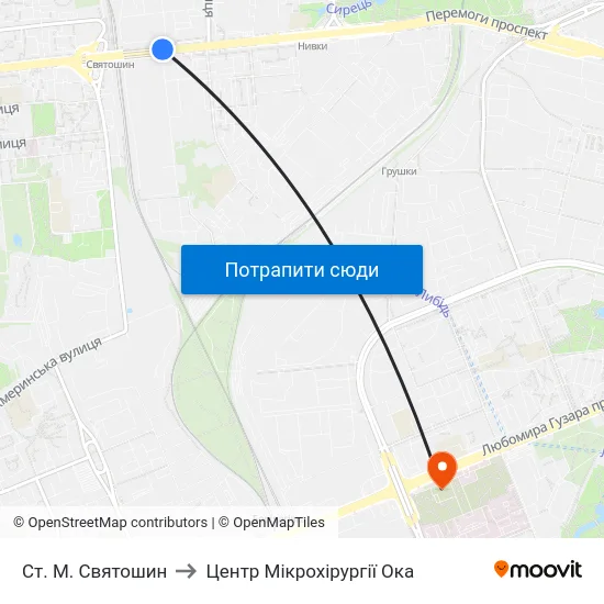 Ст. М. Святошин to Центр Мікрохірургії Ока map