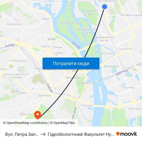 Вул. Петра Запорожця to Гідробіологічний Факультет Нубіп (Корпус 1) map