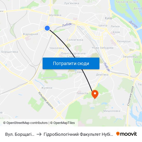 Вул. Борщагівська to Гідробіологічний Факультет Нубіп (Корпус 1) map