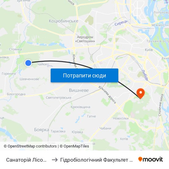 Санаторій Лісова Поляна to Гідробіологічний Факультет Нубіп (Корпус 1) map