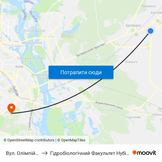 Вул. Олімпійська-1 to Гідробіологічний Факультет Нубіп (Корпус 1) map