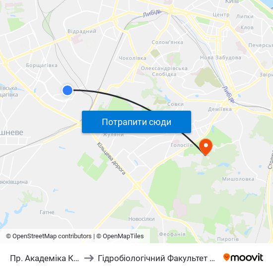 Пр. Академіка Корольова to Гідробіологічний Факультет Нубіп (Корпус 1) map