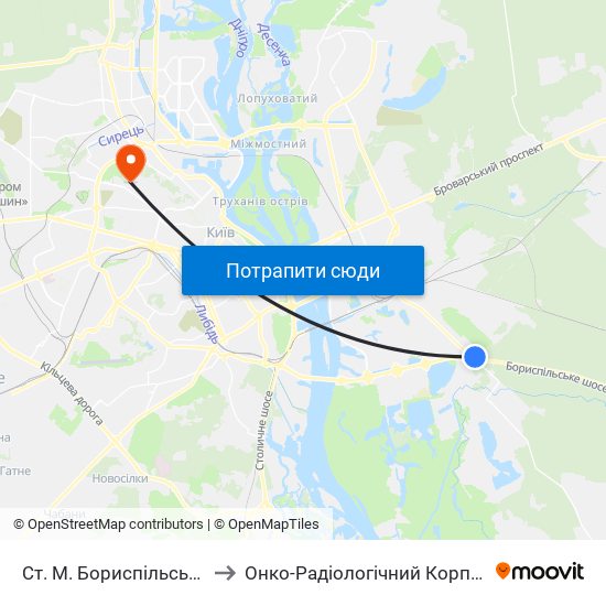 Ст. М. Бориспільська to Онко-Радіологічний Корпус map