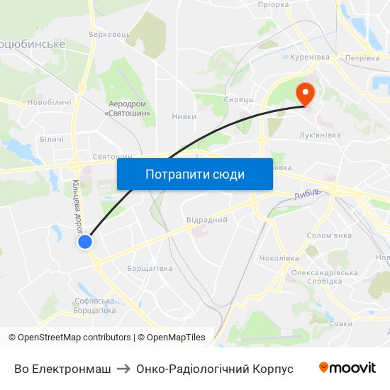 Во Електронмаш to Онко-Радіологічний Корпус map