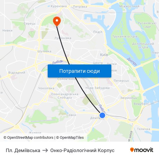 Пл. Деміївська to Онко-Радіологічний Корпус map