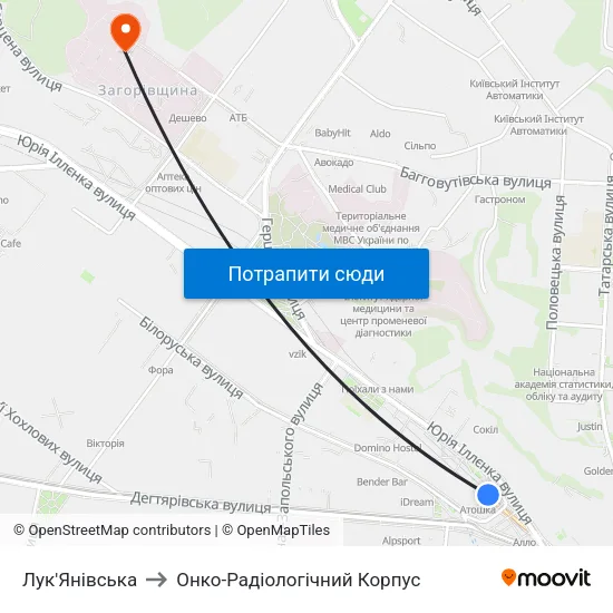Лук'Янівська to Онко-Радіологічний Корпус map
