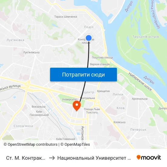 Ст. М. Контрактова Площа to Национальный Университет Пищевых Технологий map