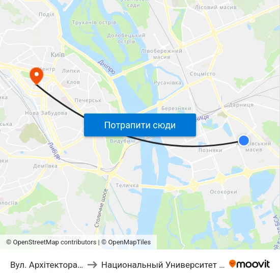 Вул. Архітектора Вербицького to Национальный Университет Пищевых Технологий map