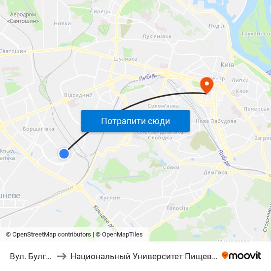 Вул. Булгакова to Национальный Университет Пищевых Технологий map