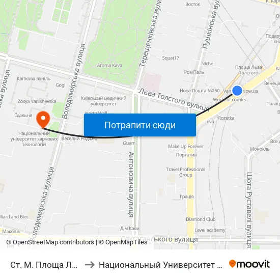 Ст. М. Площа Льва Толстого to Национальный Университет Пищевых Технологий map