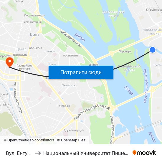 Вул. Ентузіастів to Национальный Университет Пищевых Технологий map