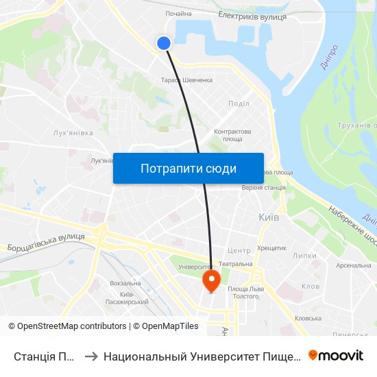 Станція Почайна to Национальный Университет Пищевых Технологий map