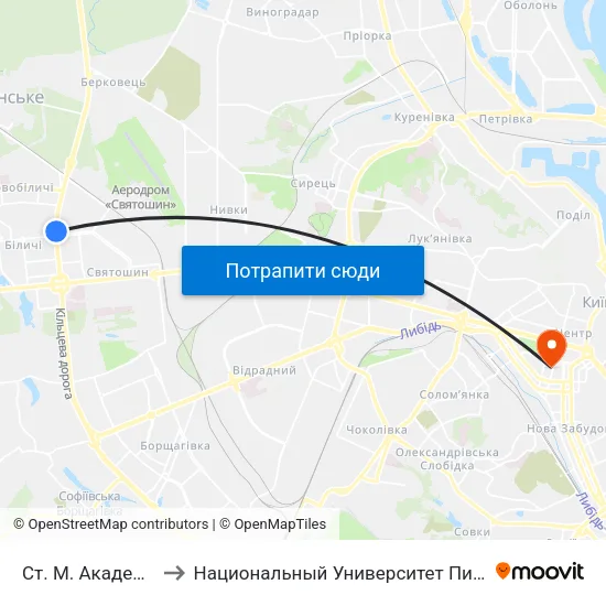 Ст. М. Академмістечко to Национальный Университет Пищевых Технологий map