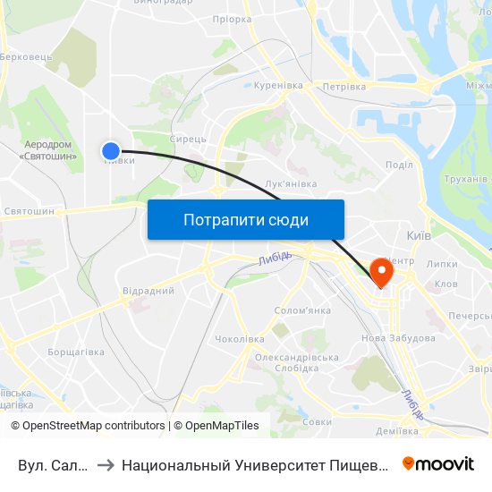 Вул. Салютна to Национальный Университет Пищевых Технологий map